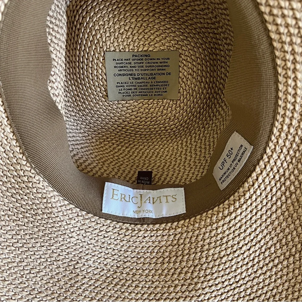 Eric Javits Bella Straw Sun Hat Blue and White Ribbon 5” Brim - Picture 3 of 4